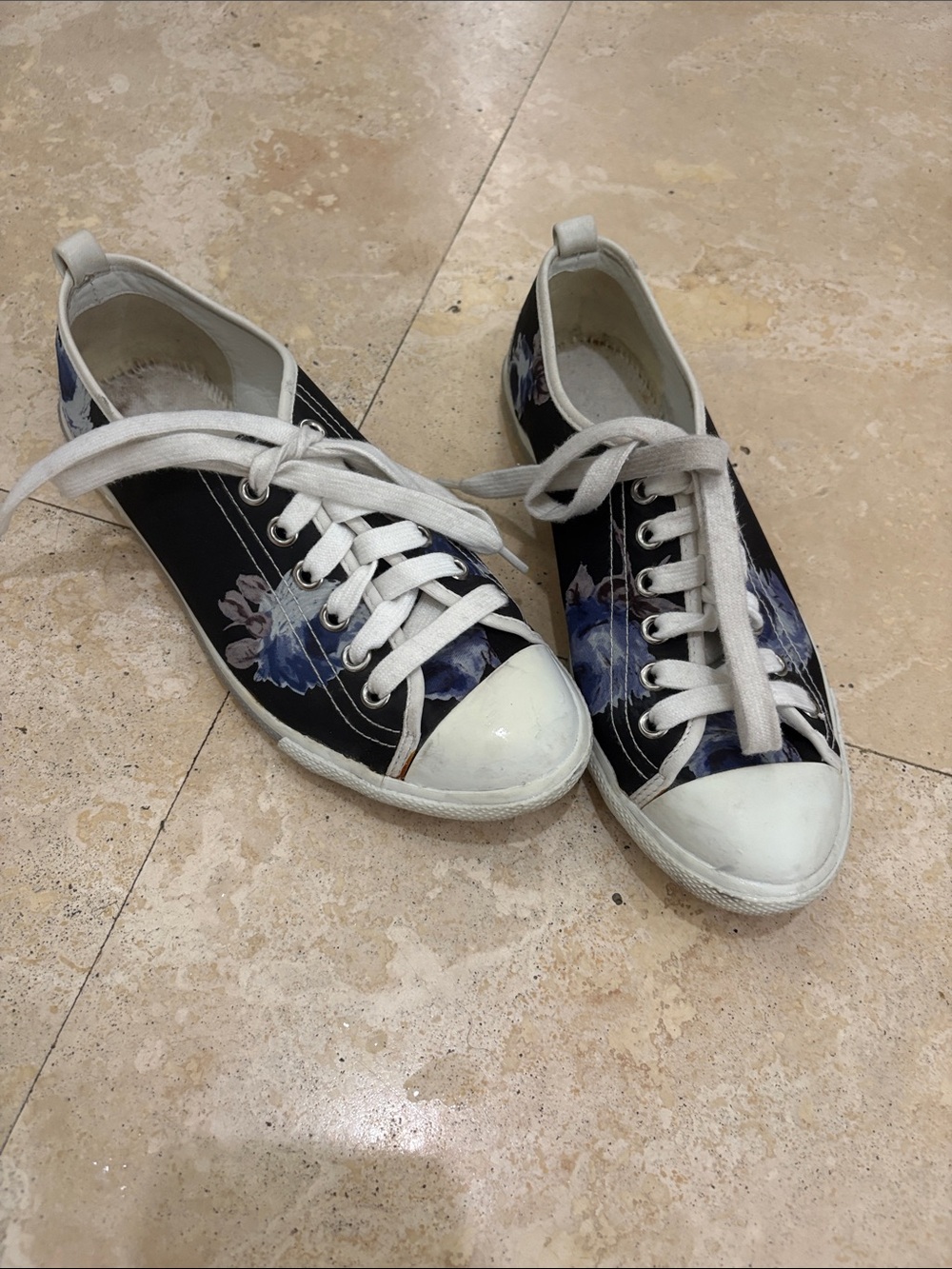 Prada Navy Floral Low-Top Sneakers with White Accents